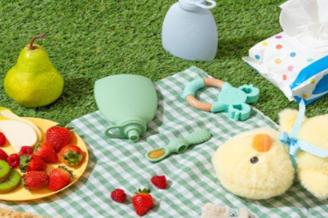 Colorful picnic with fresh fruits, baby toys, and Palmetto Pouches on a green checkered blanket in the grass.