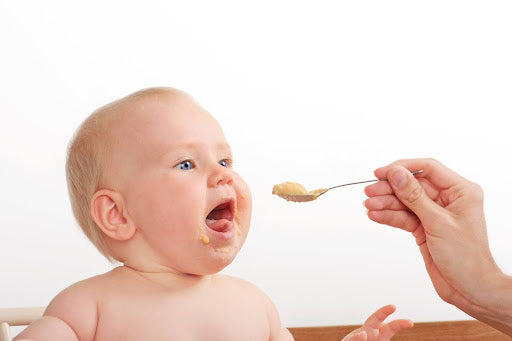 A baby seated in a highchair eagerly opens their mouth for a spoonful of first foods, illustrating the joyful experience of starting solids.