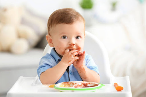 A baby enjoys homemade baby puree recipes from a plate