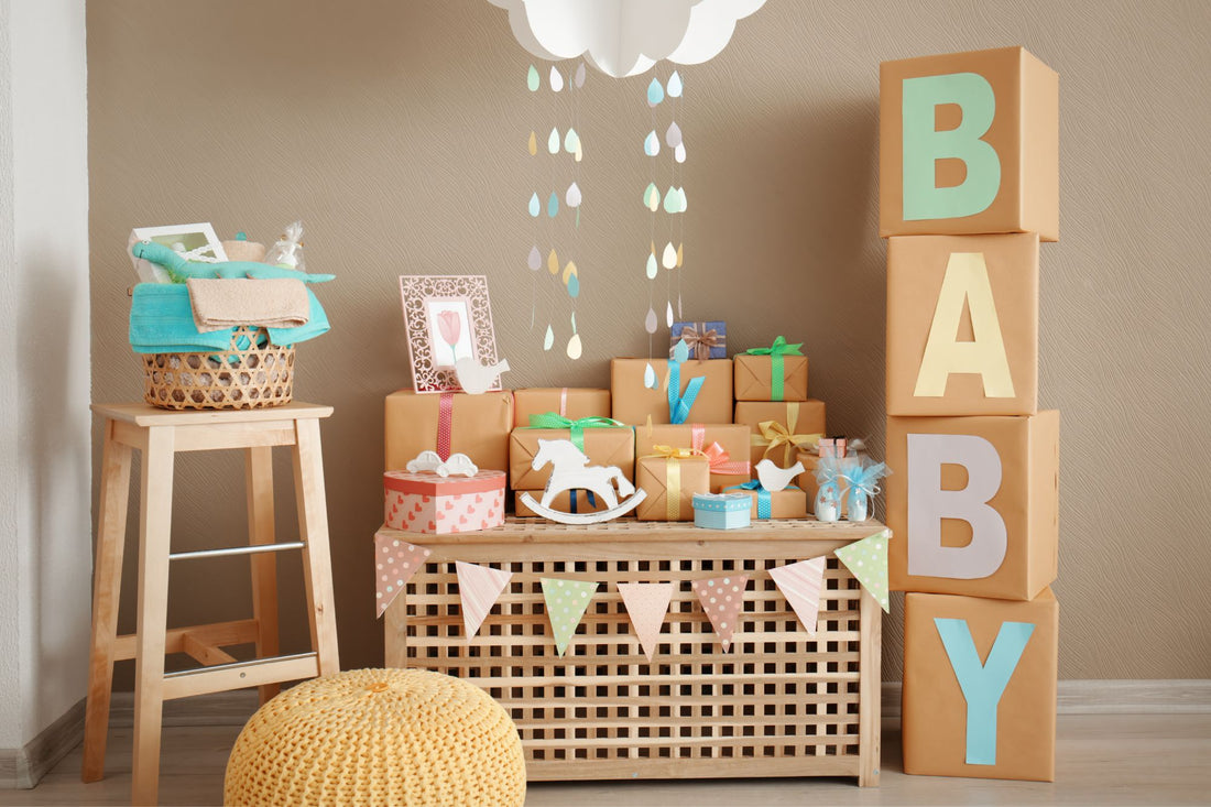 A beautifully arranged eco-friendly baby shower gift display.